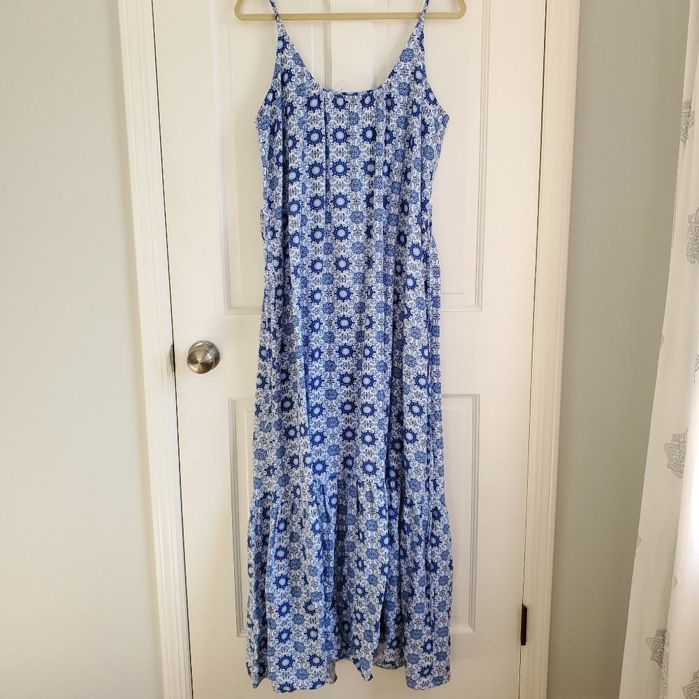 LOFT Blue and White Strappy Flounce Maxi Dress Size Large - Picture 16 of 16